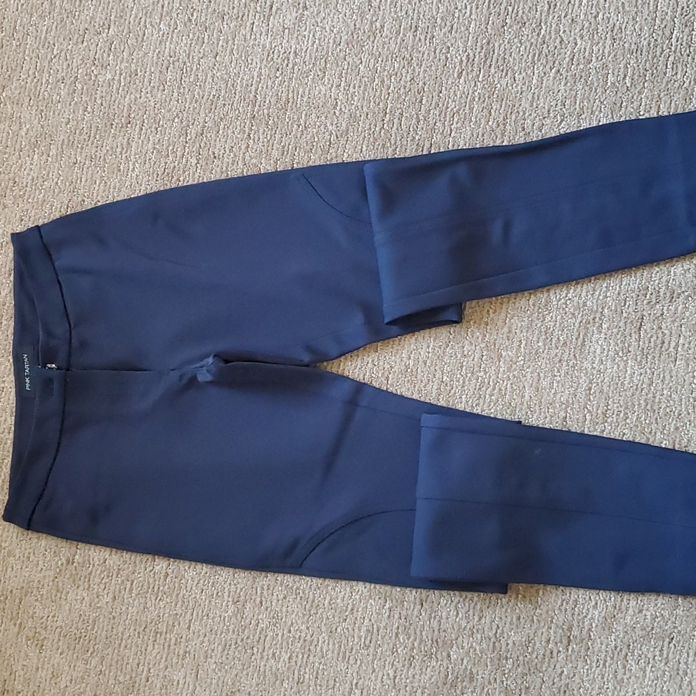 Pink Tartan, navy blue stretch leggings with  zippers at the ankle, size 2